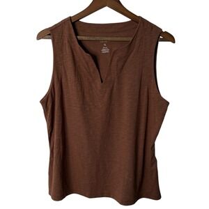 Sigrid Olsen Womens XL Brown Slub Knit Sleeveless Split V-Neck Tank Top Peru